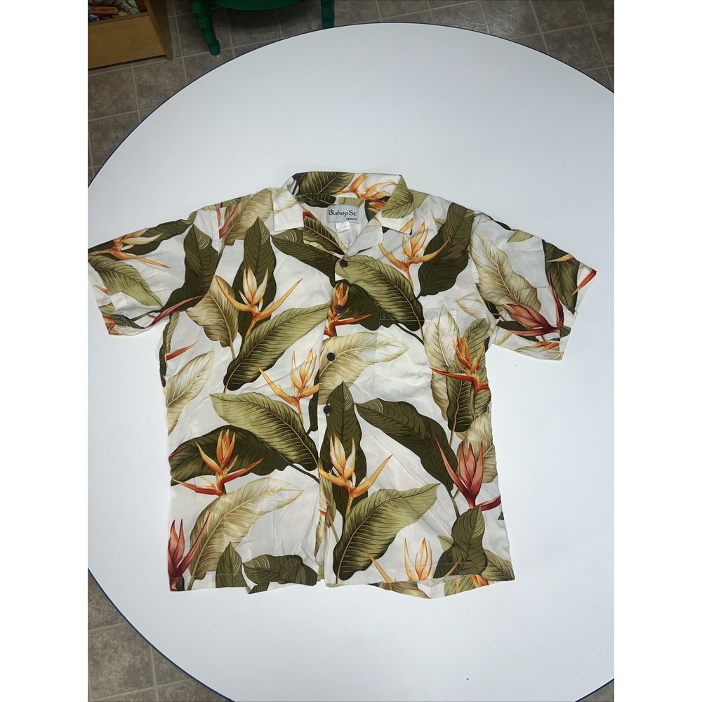 BISHOP ST Apparel Hawaiian Button Down Shirt Men's Medium Green Floral Rayon